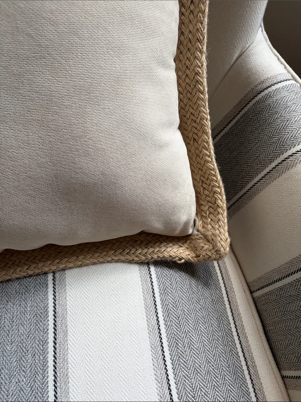 Set of 2 Neutral Beige Decorative Throw Pillows with Woven Jute Trim
